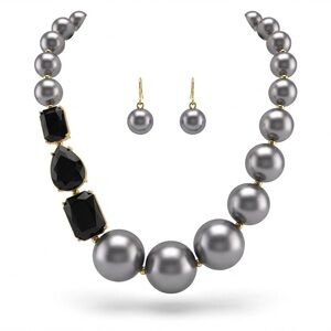 Gold-Tone w/Grey Pearl/Black Stone Statement Necklace